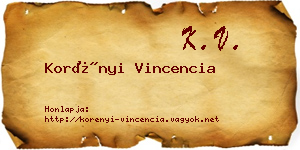 Korényi Vincencia névjegykártya